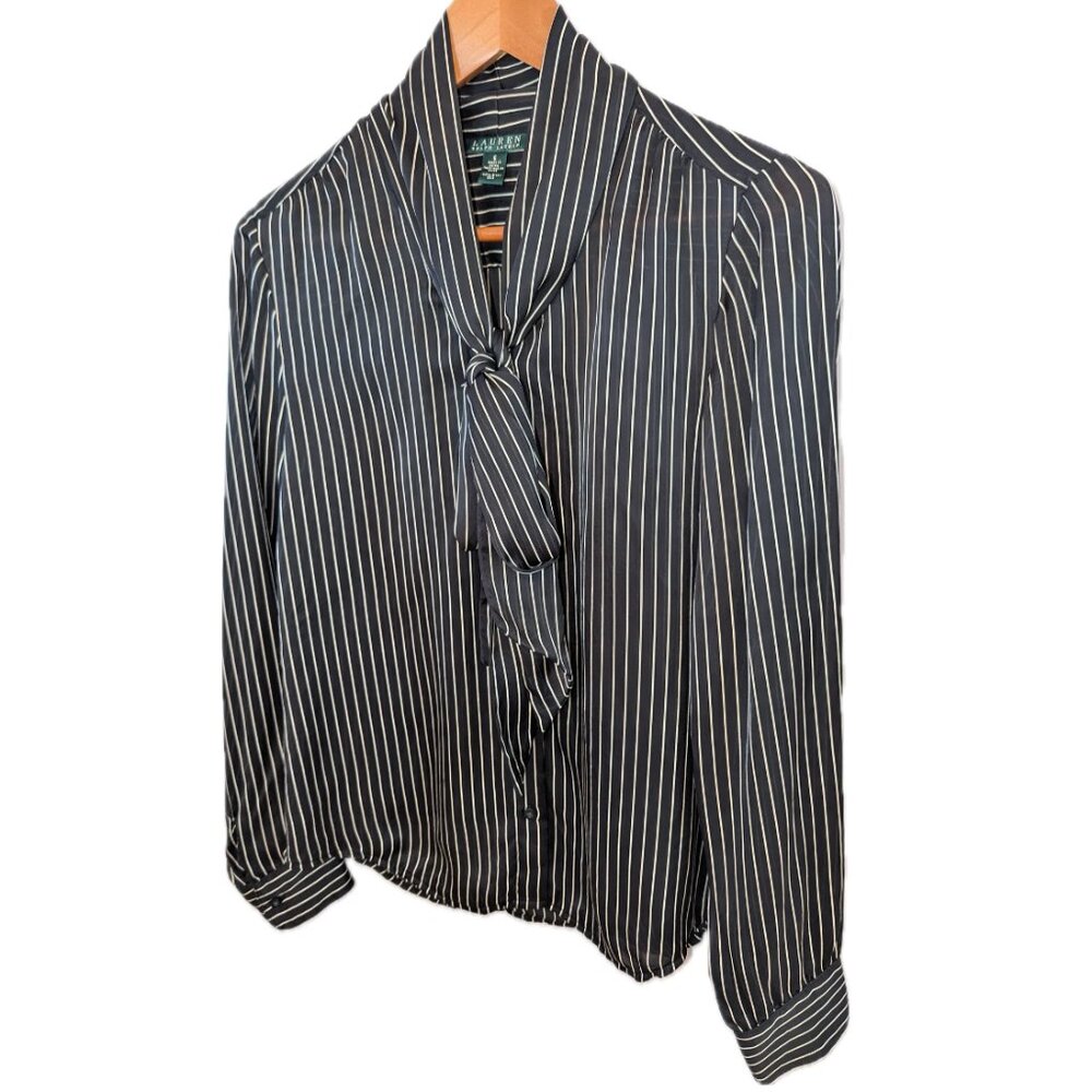 LAUREN Ralph Lauren | 100% Silk Striped Button Down Blouse with Bow | Size 6 - Picture 6 of 12